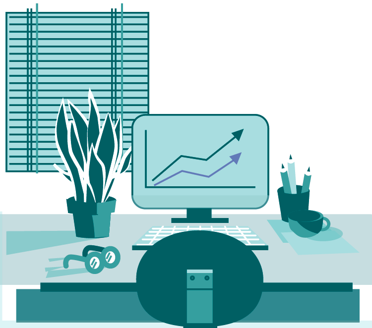 Illustration of a desk with a computer monitor, flowers, and more
