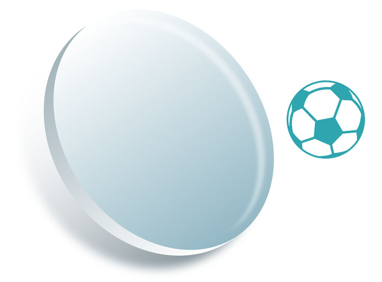 Eyeglass lens with soccer ball next to it
